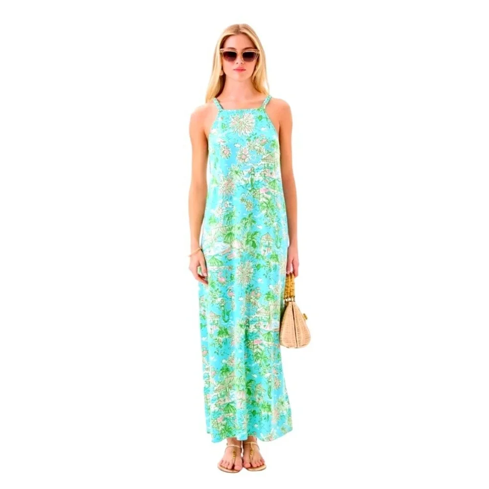 Lilly Pulitzer NWOT Mermaid Cove Maxi Dress SZXL Blue Green Cotton Linen blend - Picture 1 of 15